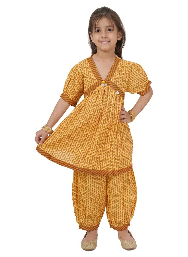 FABRIC FITOOR Floral Print Alia Cut Cotton Salwar Suit Set for Young Girls (Yellow-5/6 Y) - Image 1