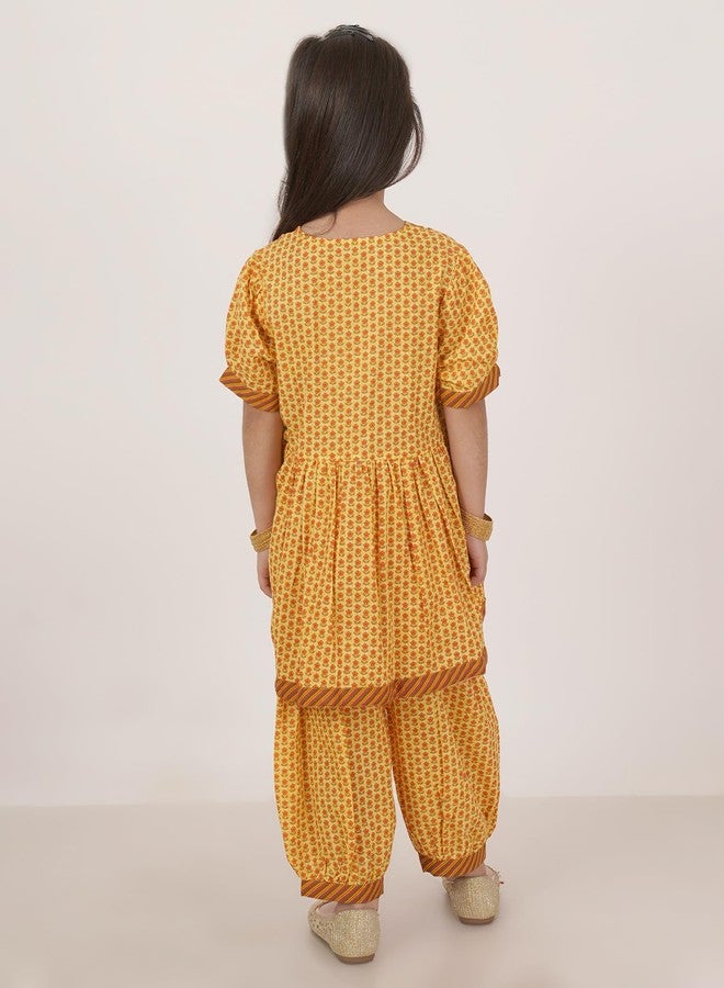 FABRIC FITOOR Floral Print Alia Cut Cotton Salwar Suit Set for Young Girls (Yellow-5/6 Y) - Image 3