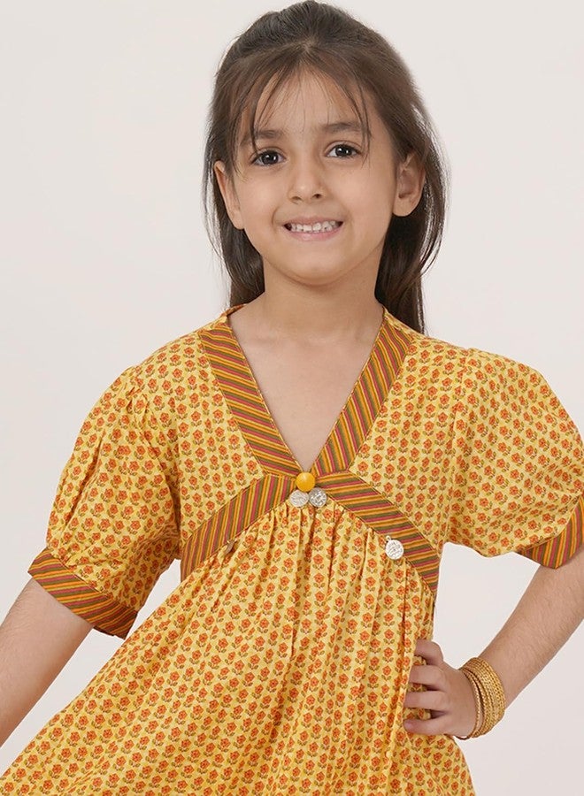 FABRIC FITOOR Floral Print Alia Cut Cotton Salwar Suit Set for Young Girls (Yellow-5/6 Y) - Image 4