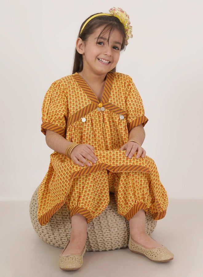 FABRIC FITOOR Floral Print Alia Cut Cotton Salwar Suit Set for Young Girls (Yellow-5/6 Y) - Image 5