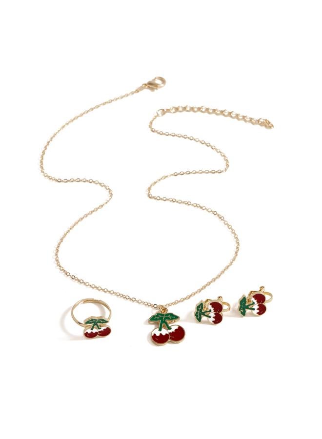 Children's Jewelry Alloy Dripping Fruit Cherry Necklace One Earring One Pair Ring One Cartoon Cute Suit