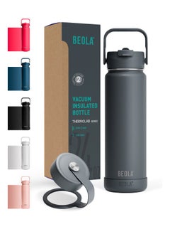 BEOLA 750ml Water Bottle 18/8 Stainless Steel 304 Double Wall Insulated Thermos Bottle with Straw Lid and wide mouth, 2 lids included, Hot Cold Liquids Sports Bottle, 24oz (Lava Gray)  - Image 1