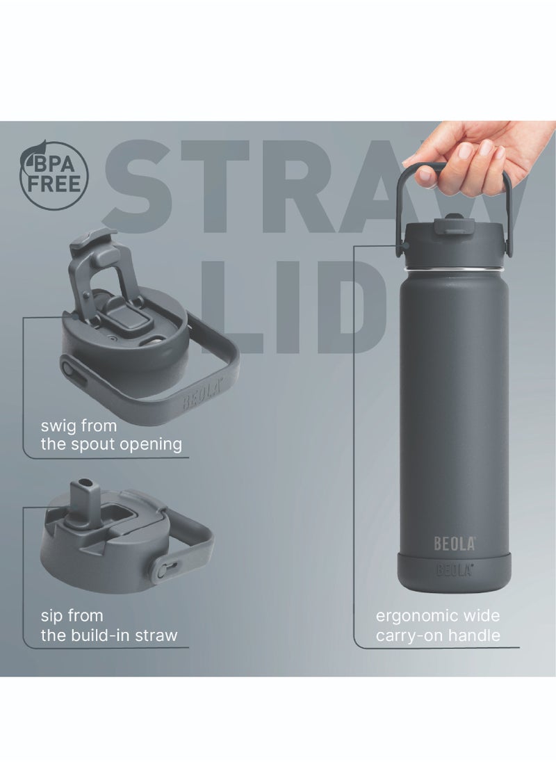 BEOLA 750ml Water Bottle 18/8 Stainless Steel 304 Double Wall Insulated Thermos Bottle with Straw Lid and wide mouth, 2 lids included, Hot Cold Liquids Sports Bottle, 24oz (Lava Gray)  - Image 3