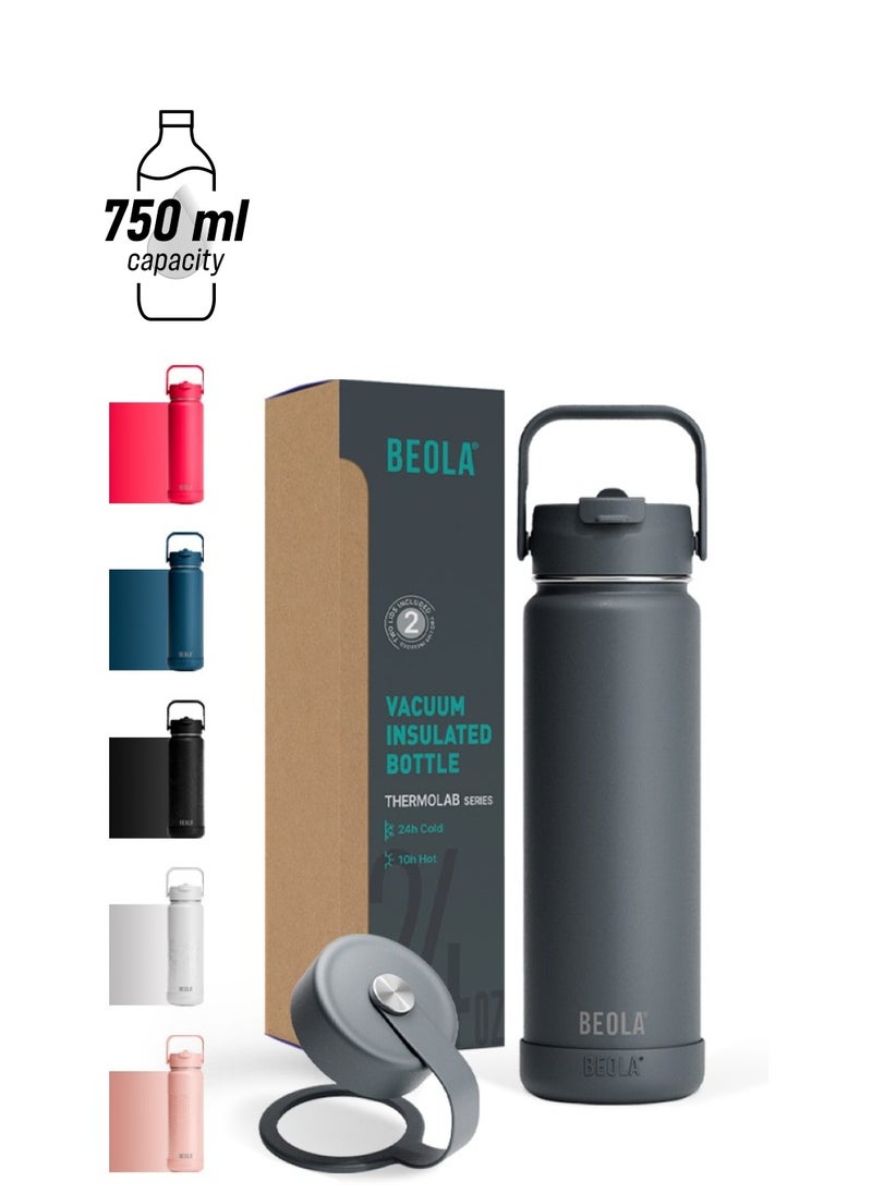 BEOLA 750ml Water Bottle 18/8 Stainless Steel 304 Double Wall Insulated Thermos Bottle with Straw Lid and wide mouth, 2 lids included, Hot Cold Liquids Sports Bottle, 24oz (Lava Gray)  - Image 1