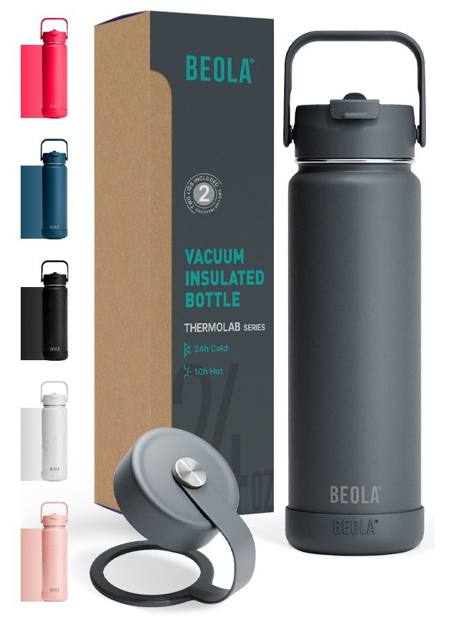 BEOLA 750ml Water Bottle 18/8 Stainless Steel 304 Double Wall Insulated Thermos Bottle with Straw Lid and wide mouth, 2 lids included, Hot Cold Liquids Sports Bottle, 24oz (Lava Gray) - Image 1