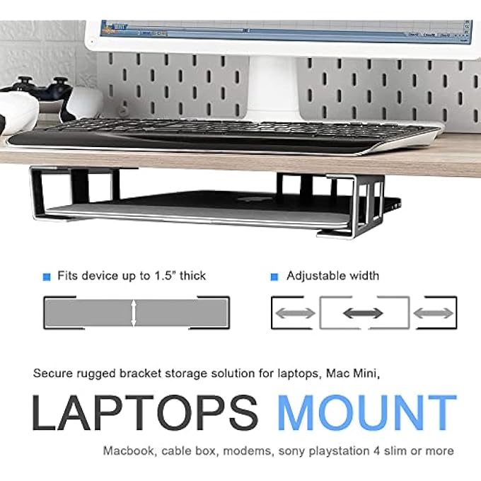 rayihni UNDER DESK LAPTOP MOUNT, METAL UNDER TABLE DESK HOLDER FOR LAPTOP, MAC MINI, MACBOOK, KEYBOARD WITH ANTI-SCRATCH SILICONE (SILVER) - Image 2