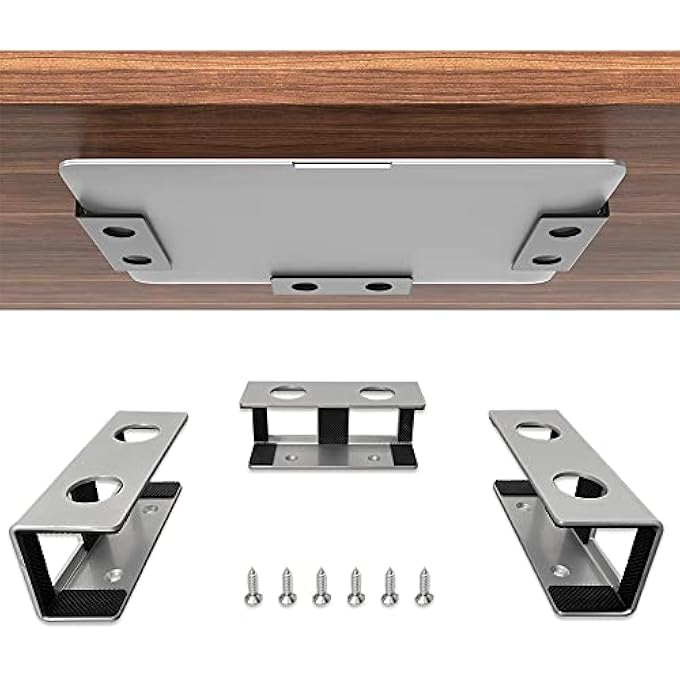 rayihni UNDER DESK LAPTOP MOUNT, METAL UNDER TABLE DESK HOLDER FOR LAPTOP, MAC MINI, MACBOOK, KEYBOARD WITH ANTI-SCRATCH SILICONE (SILVER) - Image 1