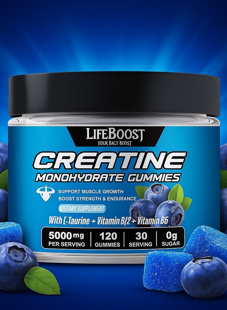LIFEBOOST Creatine Monohydrate Gummies 5000mg for Men & Women, 120 CT Chewable Creatine Monohydrate for Muscle Support, Energy Boost, 5g of Creatine Monohydrate per Serving - Sugar Free,Vegan (Blueberry Flavor) - Image 5