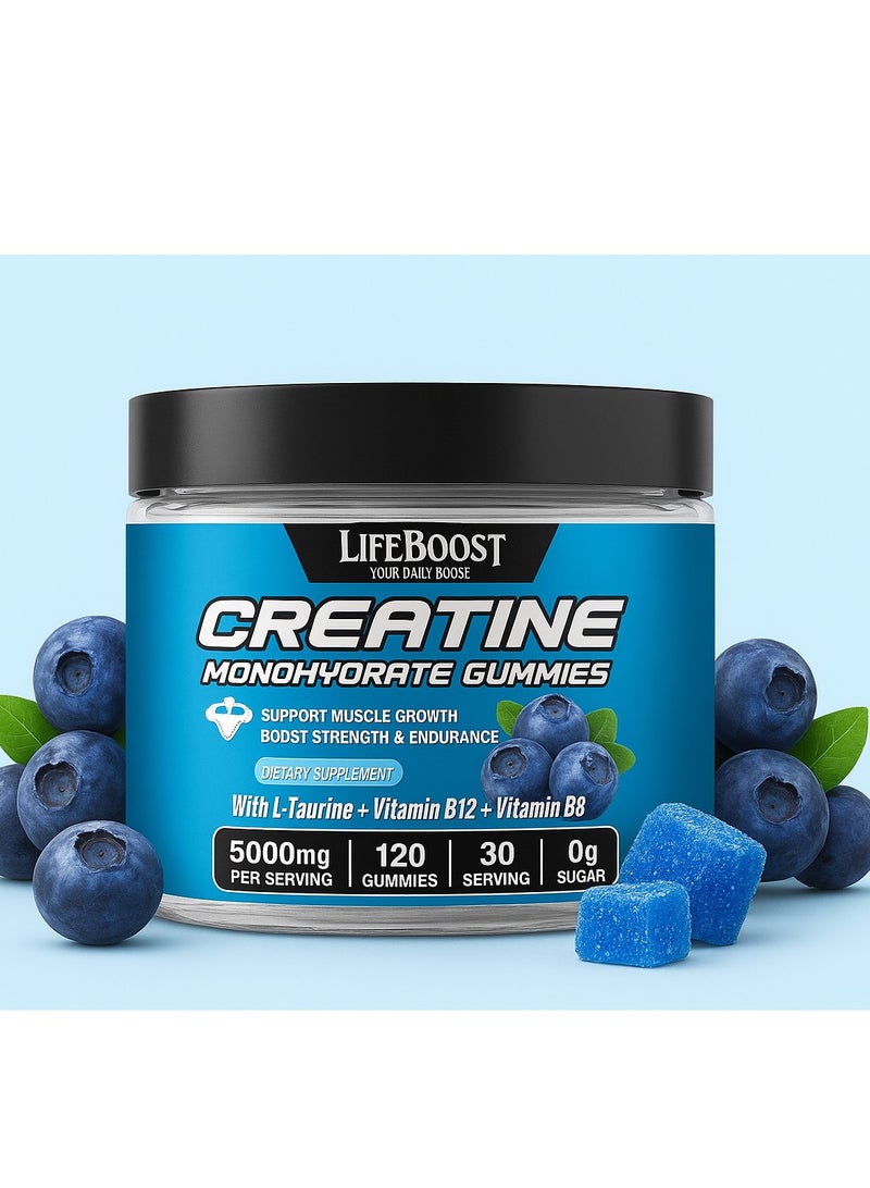 LIFEBOOST Creatine Monohydrate Gummies 5000mg for Men & Women, 120 CT Chewable Creatine Monohydrate for Muscle Support, Energy Boost, 5g of Creatine Monohydrate per Serving - Sugar Free,Vegan (Blueberry Flavor) - Image 1