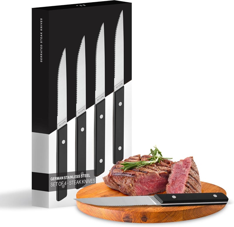 Misen Steak Knives Set of 4 - Precision Serrated Blades for Effortless Dining - Stainless Steel - Superior Cuts with Four Steak Knives Handles - Black - Image 2