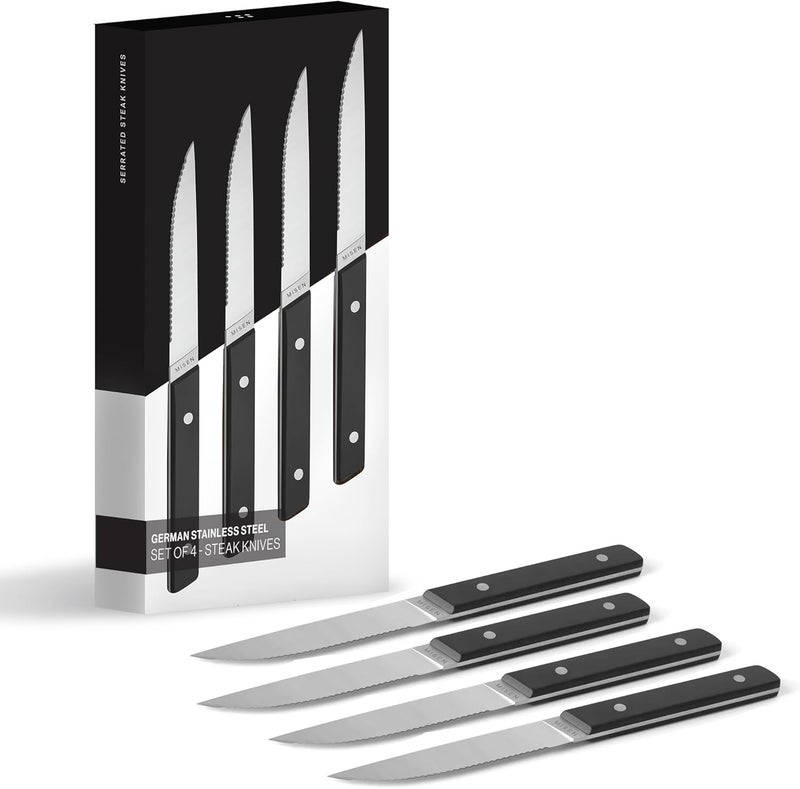 Misen Steak Knives Set of 4 - Precision Serrated Blades for Effortless Dining - Stainless Steel - Superior Cuts with Four Steak Knives Handles - Black - Image 1