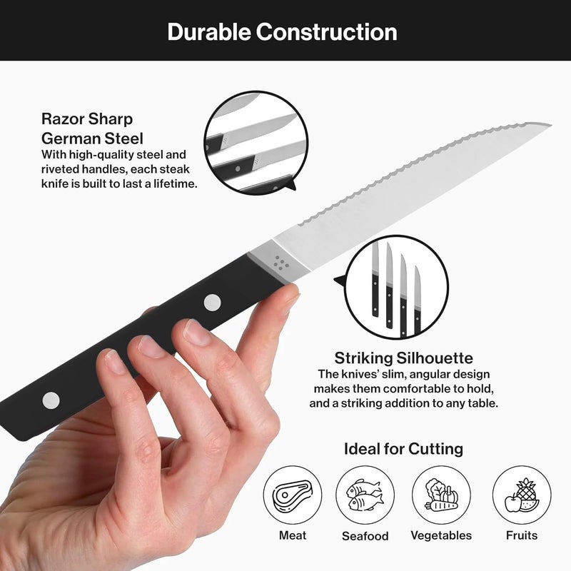 Misen Steak Knives Set of 4 - Precision Serrated Blades for Effortless Dining - Stainless Steel - Superior Cuts with Four Steak Knives Handles - Black - Image 5