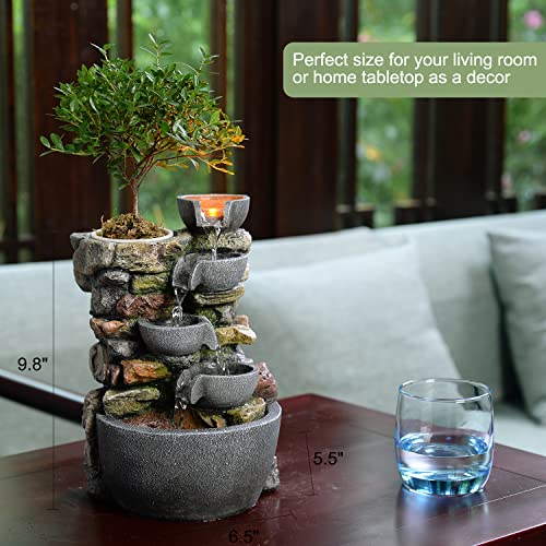 Haobos Indoor Fountain 4-Bowl Rockery Soothing Sound Tabletop Fountains Home/Office Decor Gift for Mom,Mother Day Present with A Small Plastic Pot to Grow Plant/Hebs by Yourself (Automatic Watering) - Image 3