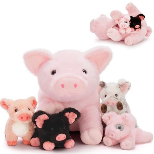 BENINY 5 Pcs Pig Stuffed Animal Plush Pink Mommy 16 with 4 Little Piggy in Her Zippered Tummy Cute Plushie Toy Gift for Girls and Kids - Image 1