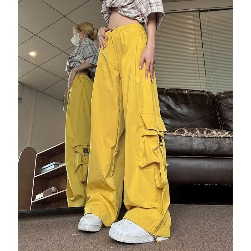 American-style vibe retro casual quick-drying paratrooper overalls yellow low-waist pants children's summer parachute pants men