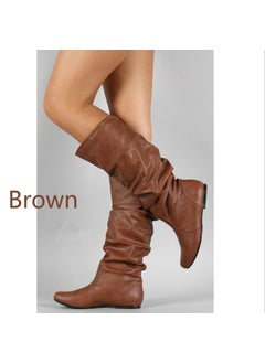 Plus Size Womens Boots 2020 Wish Solid Color Foldable High Top Leather Boots European Style For Winter Rubber Material Brown