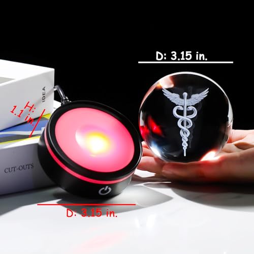 YWHL 3D Crystal Doctor Gifts for Women Men, Doctors' Day Gifts for Doctors, Laser Engraved Caduceus Figurine Ball with Colorful Light Base for Medical Students Medical Professionals (80mm) - Image 3