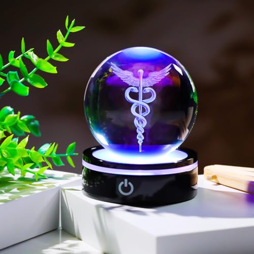 YWHL 3D Crystal Doctor Gifts for Women Men, Doctors' Day Gifts for Doctors, Laser Engraved Caduceus Figurine Ball with Colorful Light Base for Medical Students Medical Professionals (80mm) - Image 5