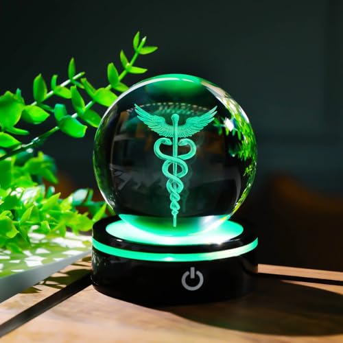 YWHL 3D Crystal Doctor Gifts for Women Men, Doctors' Day Gifts for Doctors, Laser Engraved Caduceus Figurine Ball with Colorful Light Base for Medical Students Medical Professionals (80mm) - Image 2