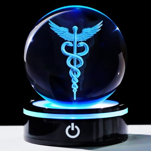 YWHL 3D Crystal Doctor Gifts for Women Men, Doctors' Day Gifts for Doctors, Laser Engraved Caduceus Figurine Ball with Colorful Light Base for Medical Students Medical Professionals (80mm) - Image 1