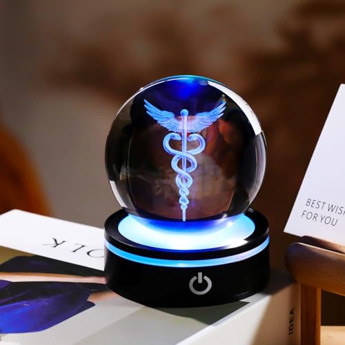 YWHL 3D Crystal Doctor Gifts for Women Men, Doctors' Day Gifts for Doctors, Laser Engraved Caduceus Figurine Ball with Colorful Light Base for Medical Students Medical Professionals (80mm) - Image 4