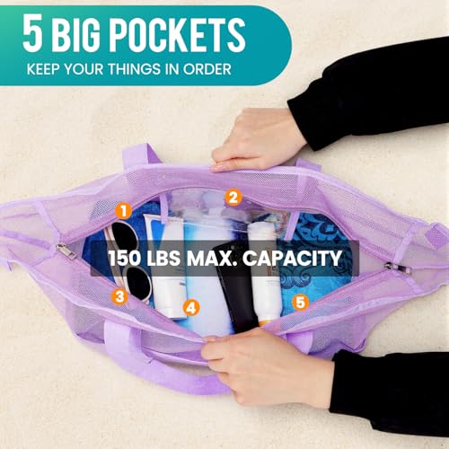 coclothy Mesh Beach Bag, Large Bag with Zipper Beach Bags for Women Waterproof Sandproof with 5 Pockets Green - Image 5