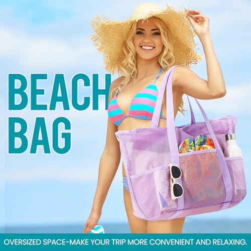 coclothy Mesh Beach Bag, Large Bag with Zipper Beach Bags for Women Waterproof Sandproof with 5 Pockets Green - Image 3