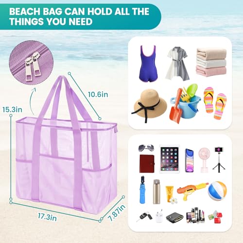 coclothy Mesh Beach Bag, Large Bag with Zipper Beach Bags for Women Waterproof Sandproof with 5 Pockets Green - Image 4
