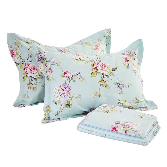 FLORAL SHEET SET QUEEN SIZE PREMIUM 100 COTTON FRENCH COUNTRY BEDDING ROSE AND HYDRANGEA BLUE FLORAL FITTED SHEET 4PIECES
