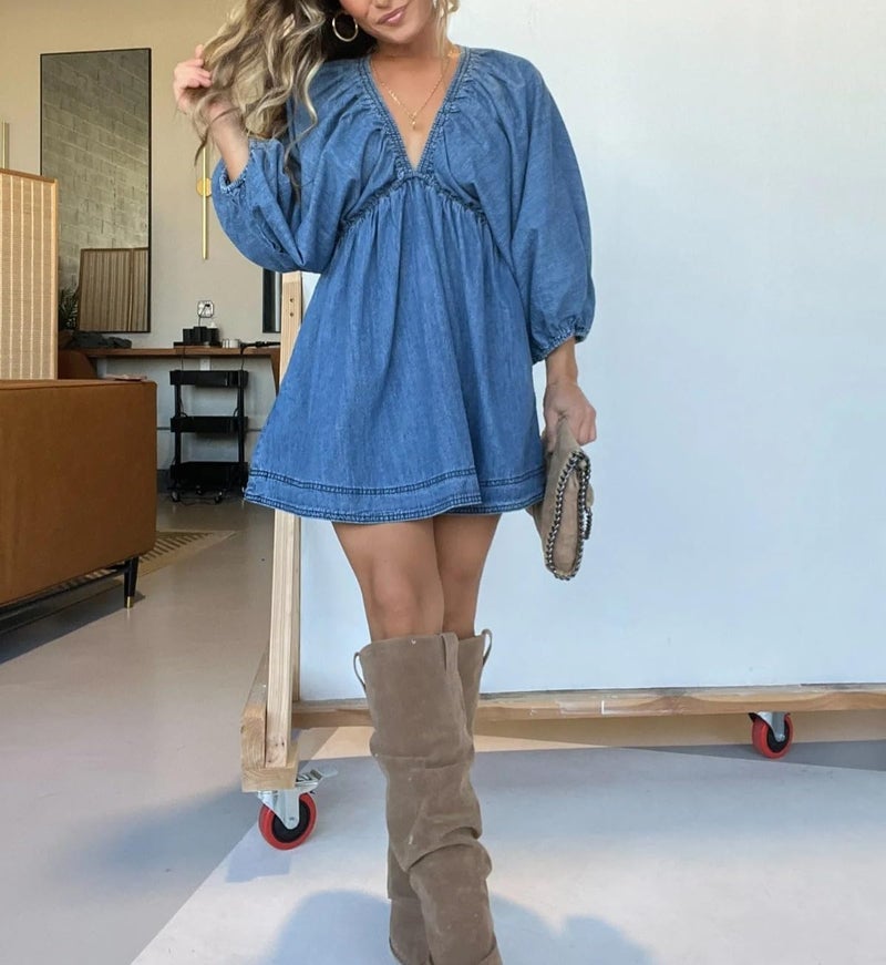 yoeasy Women's V Neck Denim Dress Casual Puff Sleeve Swing Ruffle Flowy A Line Mini Jean Babydoll Dress (Small, Blue) - Image 3