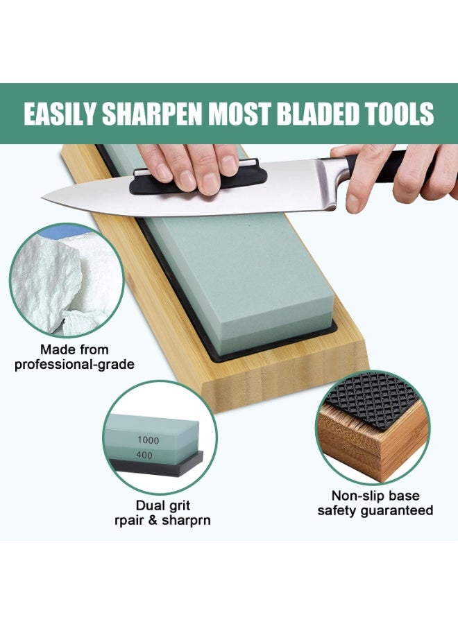 The whetstone set includes two abrasive stones (400/1000 and 3000/8000 grit), a non-slip bamboo base, an angle guide, polishing paste, a leather whetstone belt, and a whetstone leveler. - Image 2