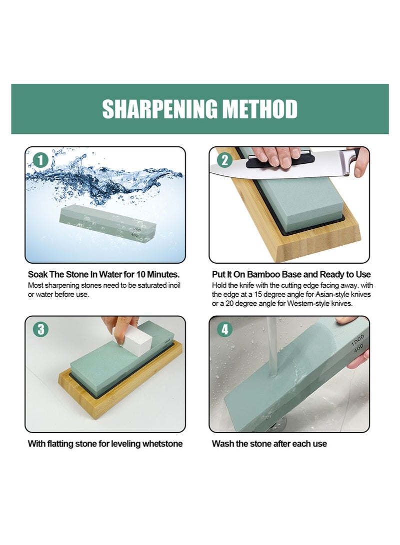 The whetstone set includes two abrasive stones (400/1000 and 3000/8000 grit), a non-slip bamboo base, an angle guide, polishing paste, a leather whetstone belt, and a whetstone leveler. - Image 3