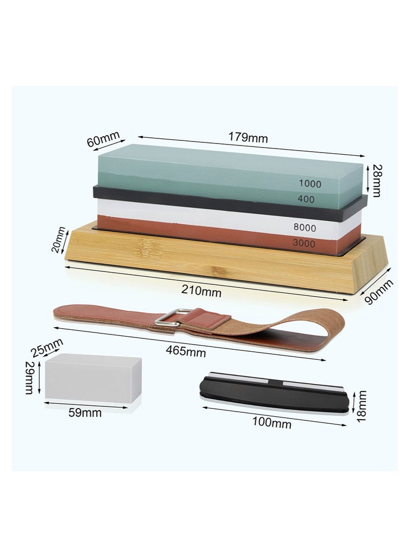 The whetstone set includes two abrasive stones (400/1000 and 3000/8000 grit), a non-slip bamboo base, an angle guide, polishing paste, a leather whetstone belt, and a whetstone leveler. - Image 5