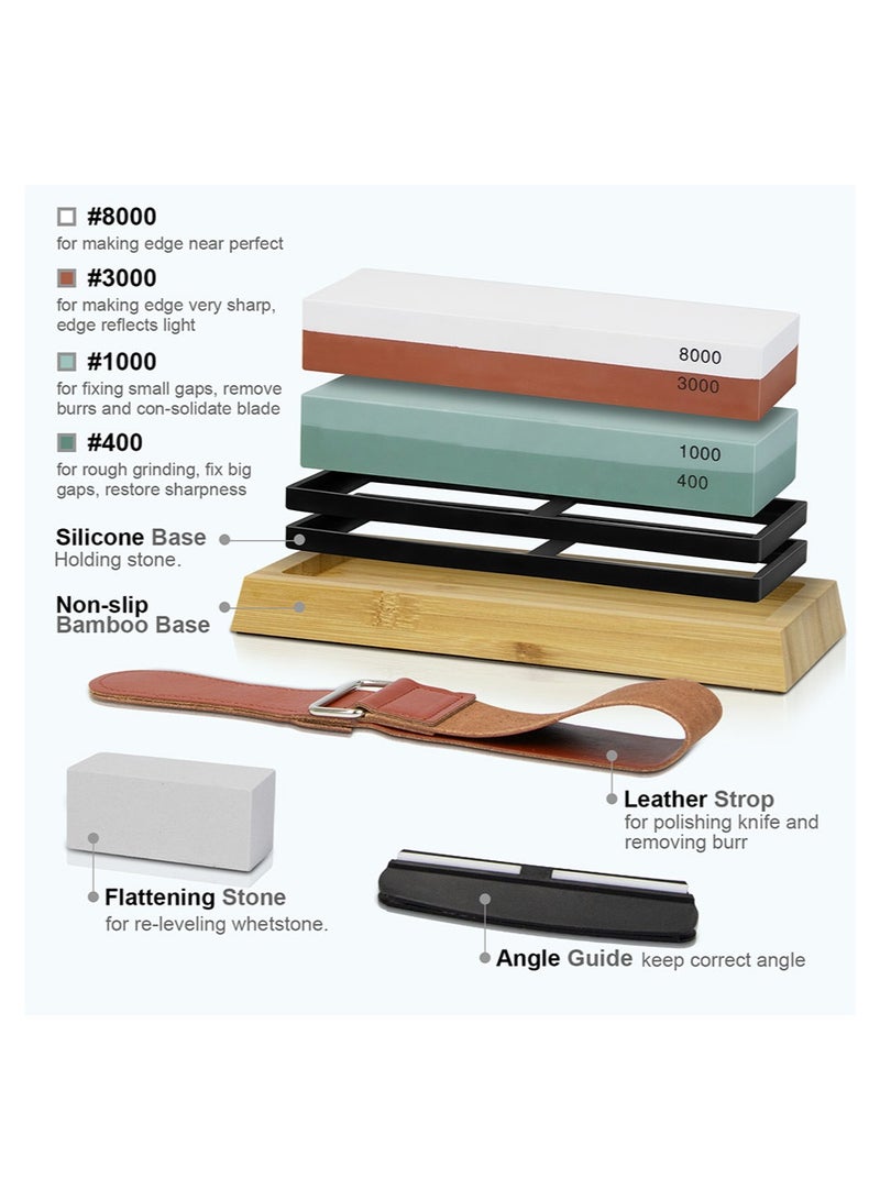 The whetstone set includes two abrasive stones (400/1000 and 3000/8000 grit), a non-slip bamboo base, an angle guide, polishing paste, a leather whetstone belt, and a whetstone leveler. - Image 4