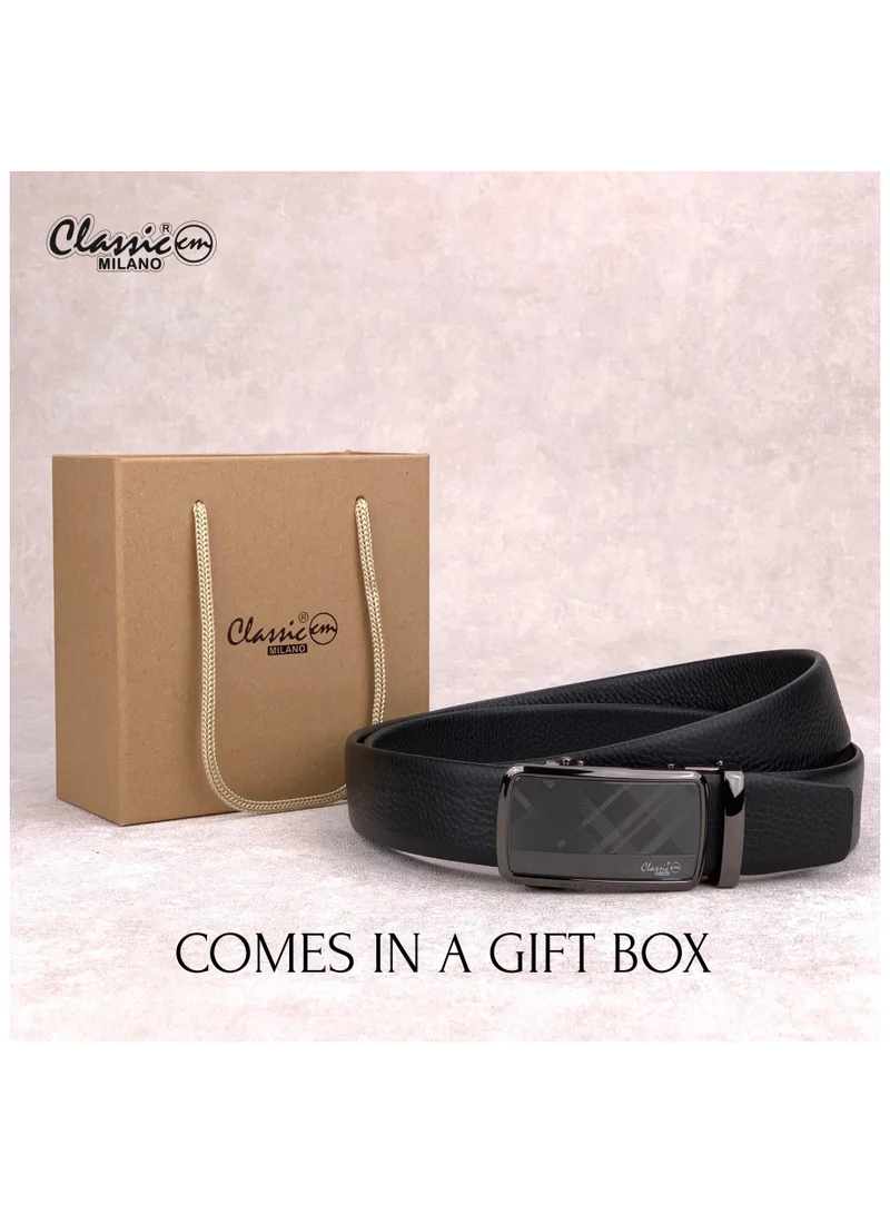 Classic Milano Black (ALTHQ-3705-7) Classic Milano Genuine Leather Belt for Men, Formal Dress Belt with Automatic Ratchet Buckle, Men's Belt for Office Wear with Gift Box for Men | Best Price UAE