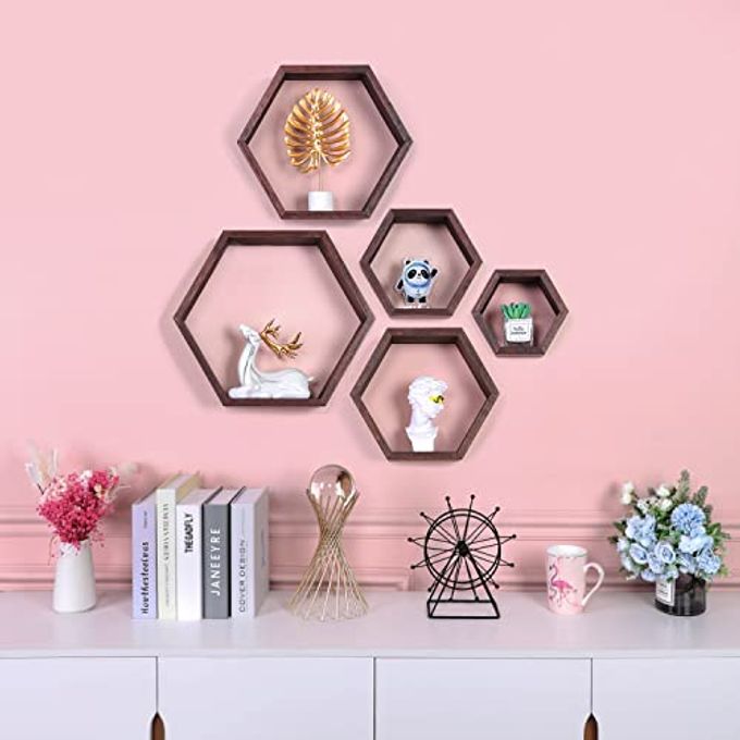 PHOENANCEE Hexagon Floating Shelves,Wall Mounted Wood Farmhouse Storage Honeycomb Wall Shelf Set of 5,for Bathroom, Kitchen, Bedroom, Living Room,Office,Driftwood Finish (Walnut) - Image 2