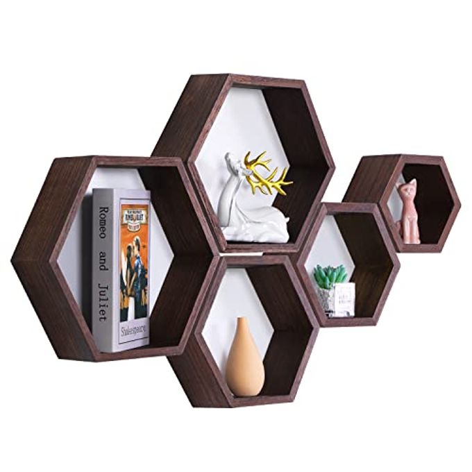 PHOENANCEE Hexagon Floating Shelves,Wall Mounted Wood Farmhouse Storage Honeycomb Wall Shelf Set of 5,for Bathroom, Kitchen, Bedroom, Living Room,Office,Driftwood Finish (Walnut) - Image 1