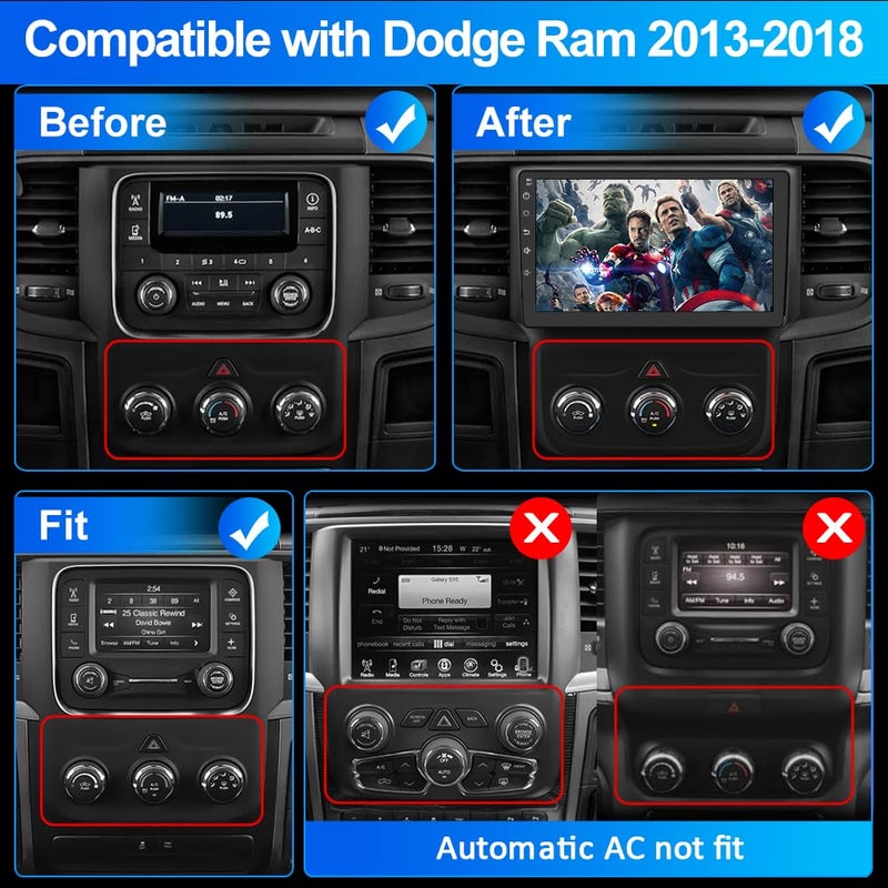 AWESAFE Android Car Stereo for Dodge RAM 1500 2500 3500 2013 2014 2015 2016 2017 2018, Ram 1500 Radio Replacement with Wireless CarPlay Android Auto - 2+32GB (Only fit Manual AC) - Image 2