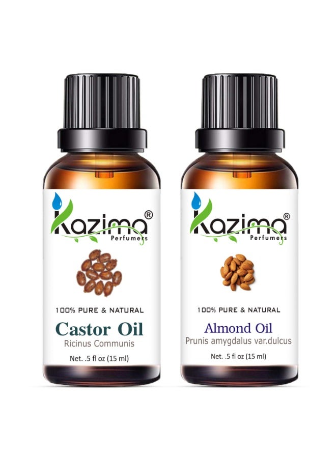 KAZIMA Combo of Castor Oil and Almond Oil - 100% Pure Cold Pressed Carrier Oil for Acne, Moisturizing Scalp, Dandruff Control, Hair Growth & Skin Moisturizing, 15 ml each - Image 1