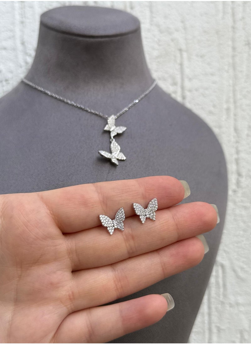 Al Kasr Jewelry - Butterfly Necklace and Earring Set - Elegant Design - Sterling Silver 925 with Zircon Stones Plated Rhodium White Gold 18K - Image 1
