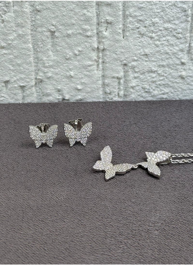 Al Kasr Jewelry - Butterfly Necklace and Earring Set - Elegant Design - Sterling Silver 925 with Zircon Stones Plated Rhodium White Gold 18K - Image 1