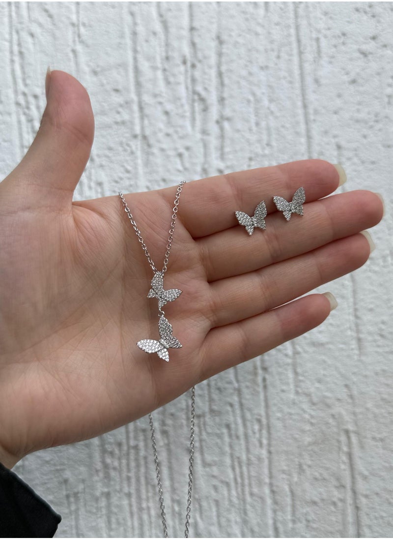 Al Kasr Jewelry - Butterfly Necklace and Earring Set - Elegant Design - Sterling Silver 925 with Zircon Stones Plated Rhodium White Gold 18K - Image 1