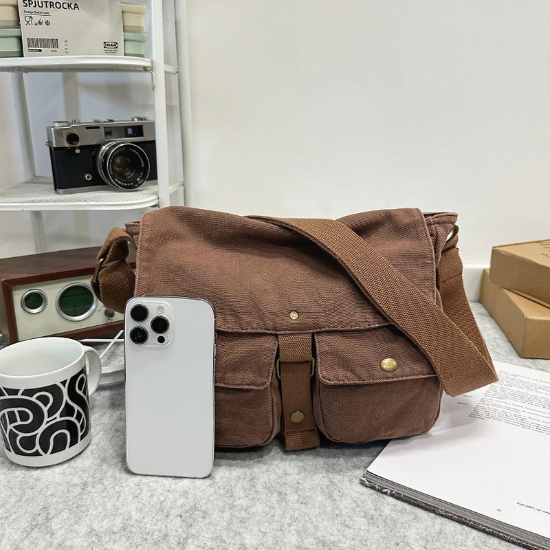 AFGWK School Vintage Canvas Messenger Bag for Men Crossbody Shoulder Bag Satchel Handbags(Brown) - Image 3
