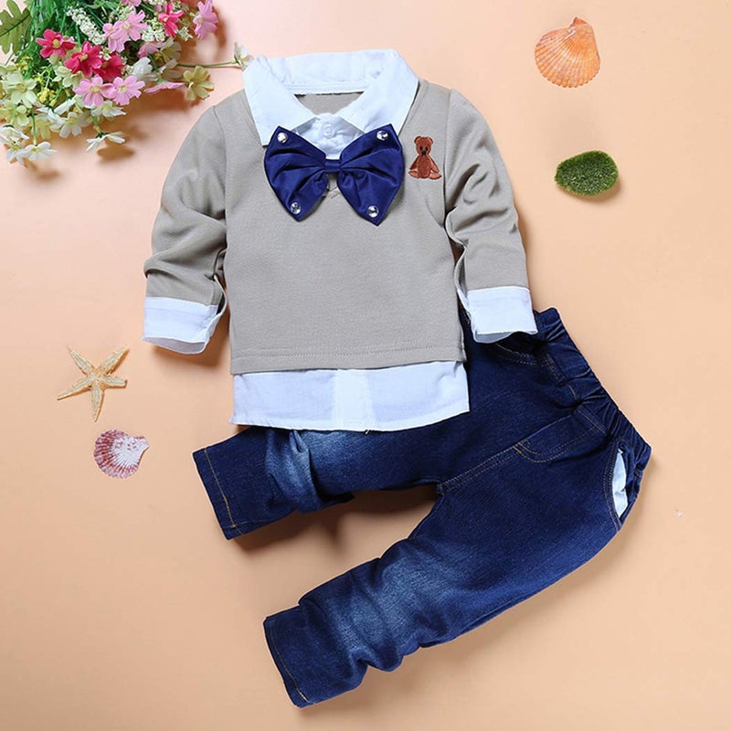 MYGBCPJS 2Pcs Boy Gentleman Outfit Set Toddler Long Sleeve Sweatshirt Bowtie Shirt + Denim Pants Clothes Set - Image 2