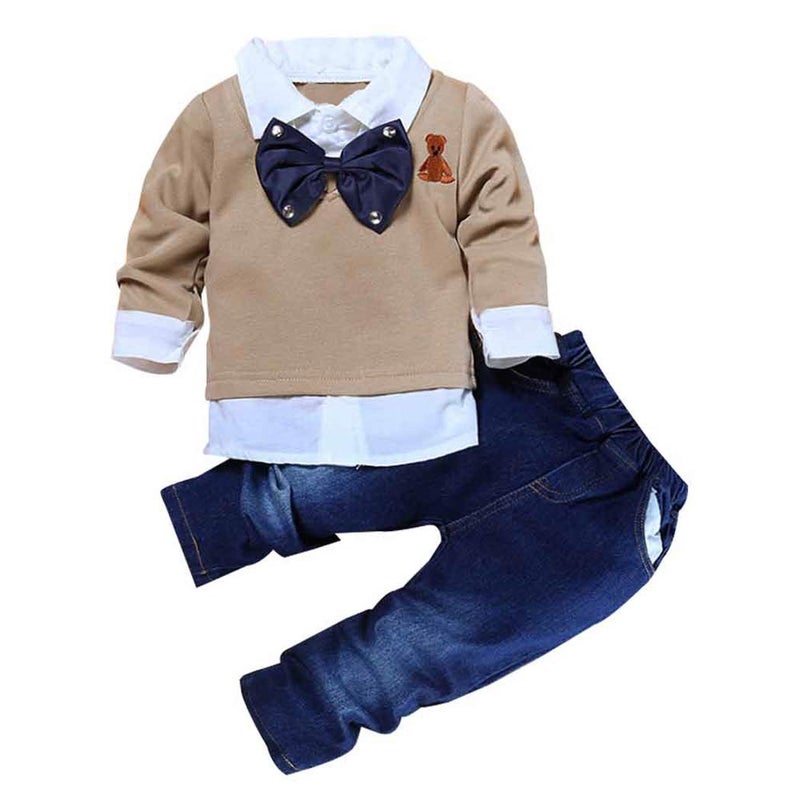 MYGBCPJS 2Pcs Boy Gentleman Outfit Set Toddler Long Sleeve Sweatshirt Bowtie Shirt + Denim Pants Clothes Set - Image 1