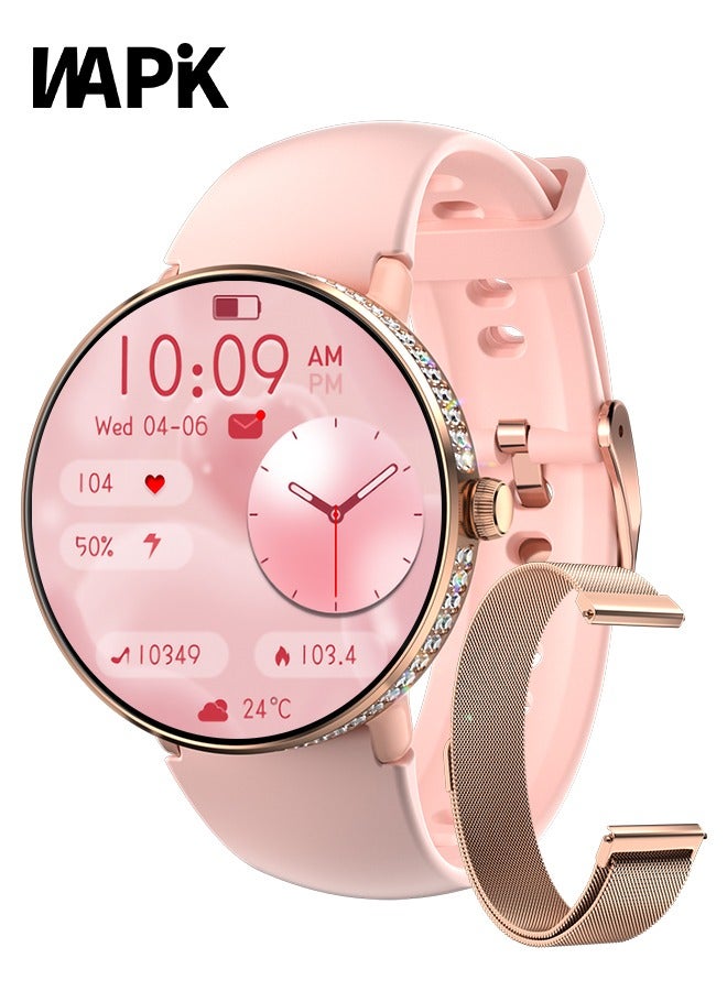 WAPIK Korean Brand ME10 Women's Smartwatch – Business & Fitness Watch, Waterproof, Bluetooth Calling, AMOLED Display, Heart Rate Monitoring, 126 Moissanite Diamonds, Compatible with Android & iOS, Elegant Gold Design - Image 1