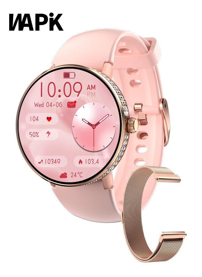 WAPIK Korean Brand ME10 Women's Smartwatch – Business & Fitness Watch, Waterproof, Bluetooth Calling, AMOLED Display, Heart Rate Monitoring, 126 Moissanite Diamonds, Compatible with Android & iOS, Elegant Gold Design 