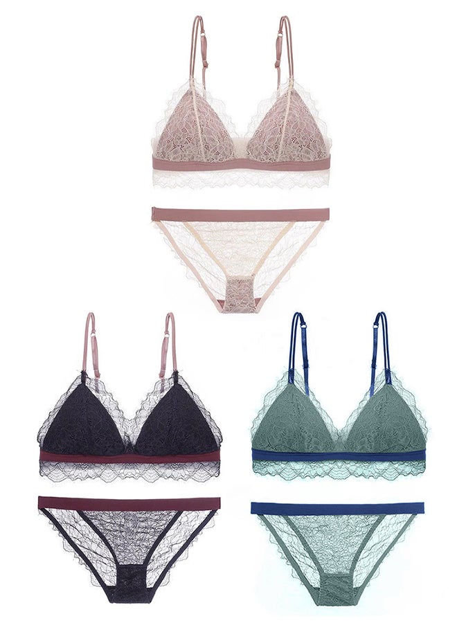 MARGOUN 3 Packs For Women's Medium Size Bra and Panty Set Bra Lace Lash Floral Briefs Underwear Triangle Cup Young Girls Underwear Lingerie Bra and Panties Set Multicolour - Image 2