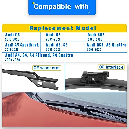Raintok راينتوك 24" 20" شفرات مساحات الزجاج الأمامي بديل لسيارات أودي Q3 من 2015-2020 و أودي Q5 SQ5 A5 S5 RS5 A4 S4 A4 Allroad كواترو مجموعة شفرات المساحات الأمامية بجودة المصنع الأصلية لسيارتي - Image 2