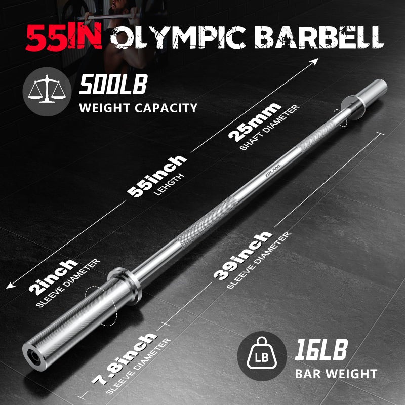 DILANL Olympic Barbell Bar 55", 2In-Weight Lifting Bar Standard Straight Barbell Bars for Bench Press/Hip Thrusts/Biceps/Lunges/Squat/Strength-Training Home Gym Weight Bar, 2 Collars(500lb Capacity) (Silver) - Image 3